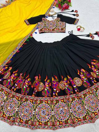 Black Elegant Fox Georgette Lehengha Set with Original Mirror Work & Chain-Stitch Embroidery ClothsVilla