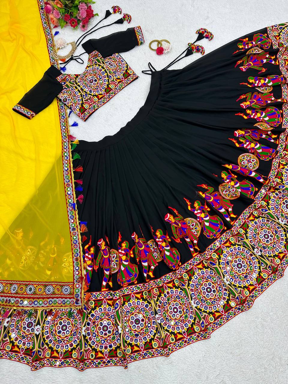Black Elegant Fox Georgette Lehengha Set with Original Mirror Work & Chain-Stitch Embroidery ClothsVilla