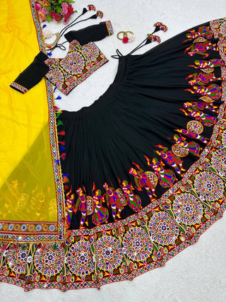 Black Elegant Fox Georgette Lehengha Set with Original Mirror Work & Chain-Stitch Embroidery ClothsVilla