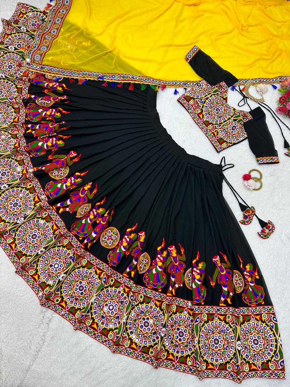 Black Elegant Fox Georgette Lehengha Set with Original Mirror Work & Chain-Stitch Embroidery ClothsVilla