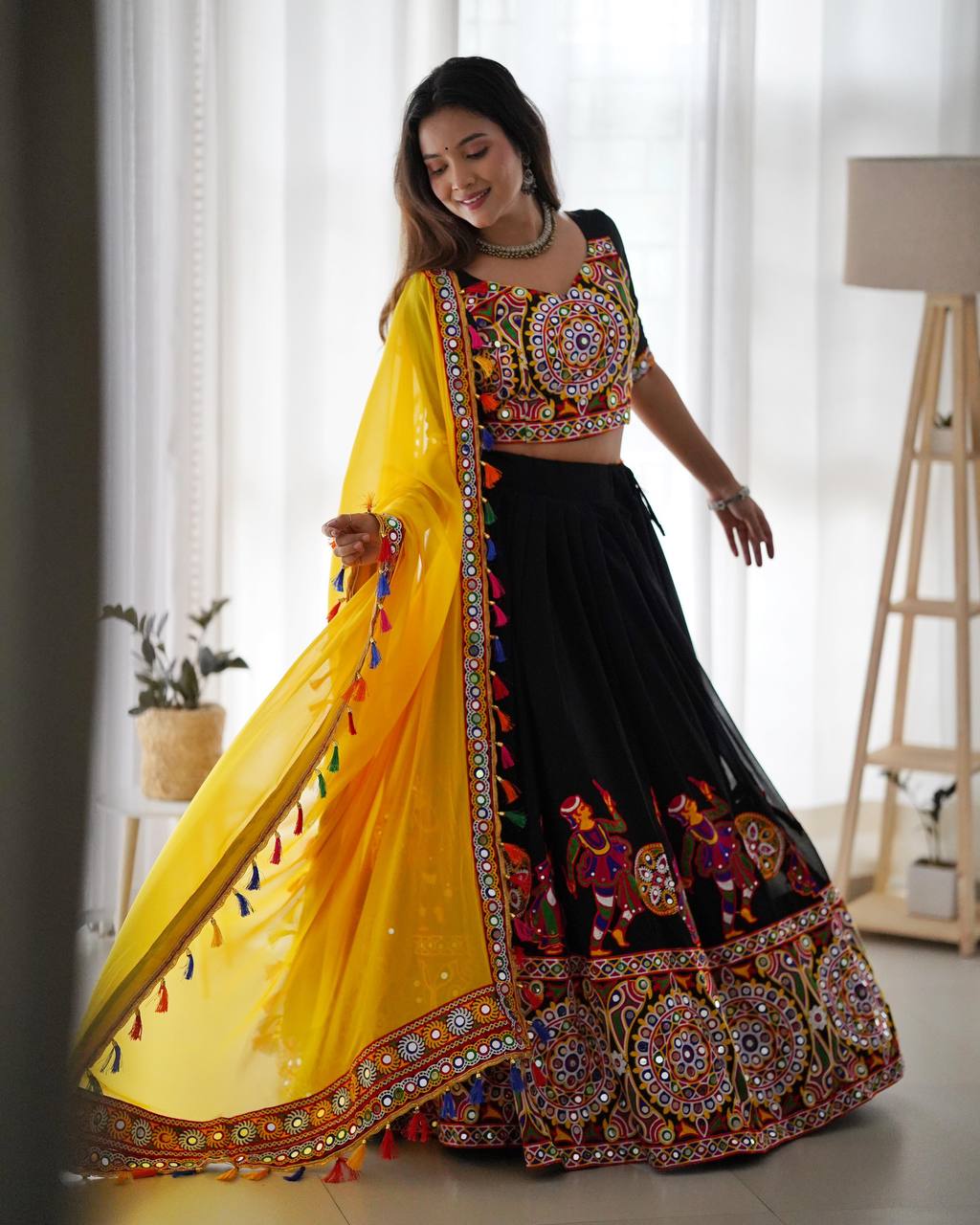 Black Elegant Fox Georgette Lehengha Set with Original Mirror Work & Chain-Stitch Embroidery ClothsVilla