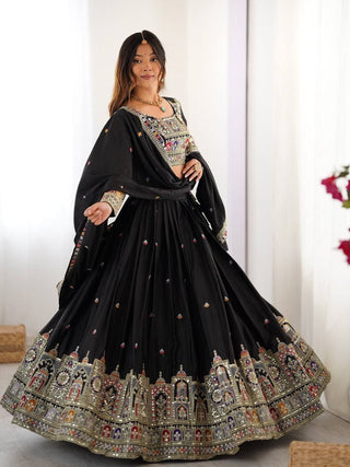 Black Elegant French Crepe Semi-Stitched Lehenga with Multi-Thread & Sequins Embroidery, Unstitched Choli, and Matching Embroidered Dupatta ClothsVilla