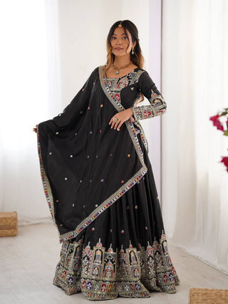 Black Elegant French Crepe Semi-Stitched Lehenga with Multi-Thread & Sequins Embroidery, Unstitched Choli, and Matching Embroidered Dupatta ClothsVilla