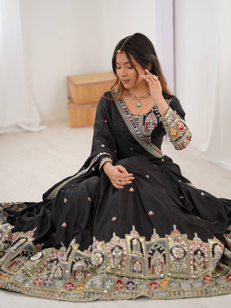 Black Elegant French Crepe Semi-Stitched Lehenga with Multi-Thread & Sequins Embroidery, Unstitched Choli, and Matching Embroidered Dupatta ClothsVilla