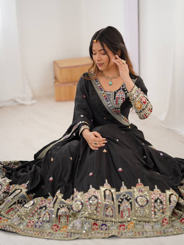 Black Elegant French Crepe Semi-Stitched Lehenga with Multi-Thread & Sequins Embroidery, Unstitched Choli, and Matching Embroidered Dupatta ClothsVilla