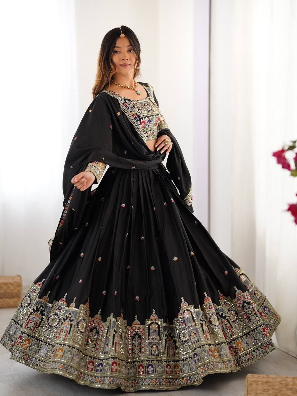 Black Elegant French Crepe Semi-Stitched Lehenga with Multi-Thread & Sequins Embroidery, Unstitched Choli, and Matching Embroidered Dupatta ClothsVilla
