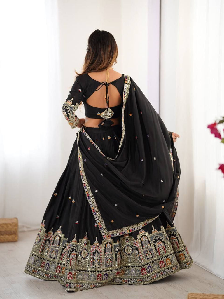 Black Elegant French Crepe Semi-Stitched Lehenga with Multi-Thread & Sequins Embroidery, Unstitched Choli, and Matching Embroidered Dupatta ClothsVilla