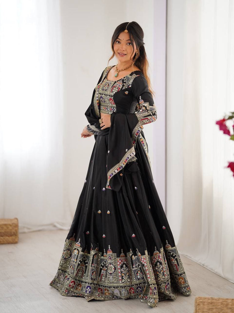 Black Elegant French Crepe Semi-Stitched Lehenga with Multi-Thread & Sequins Embroidery, Unstitched Choli, and Matching Embroidered Dupatta ClothsVilla