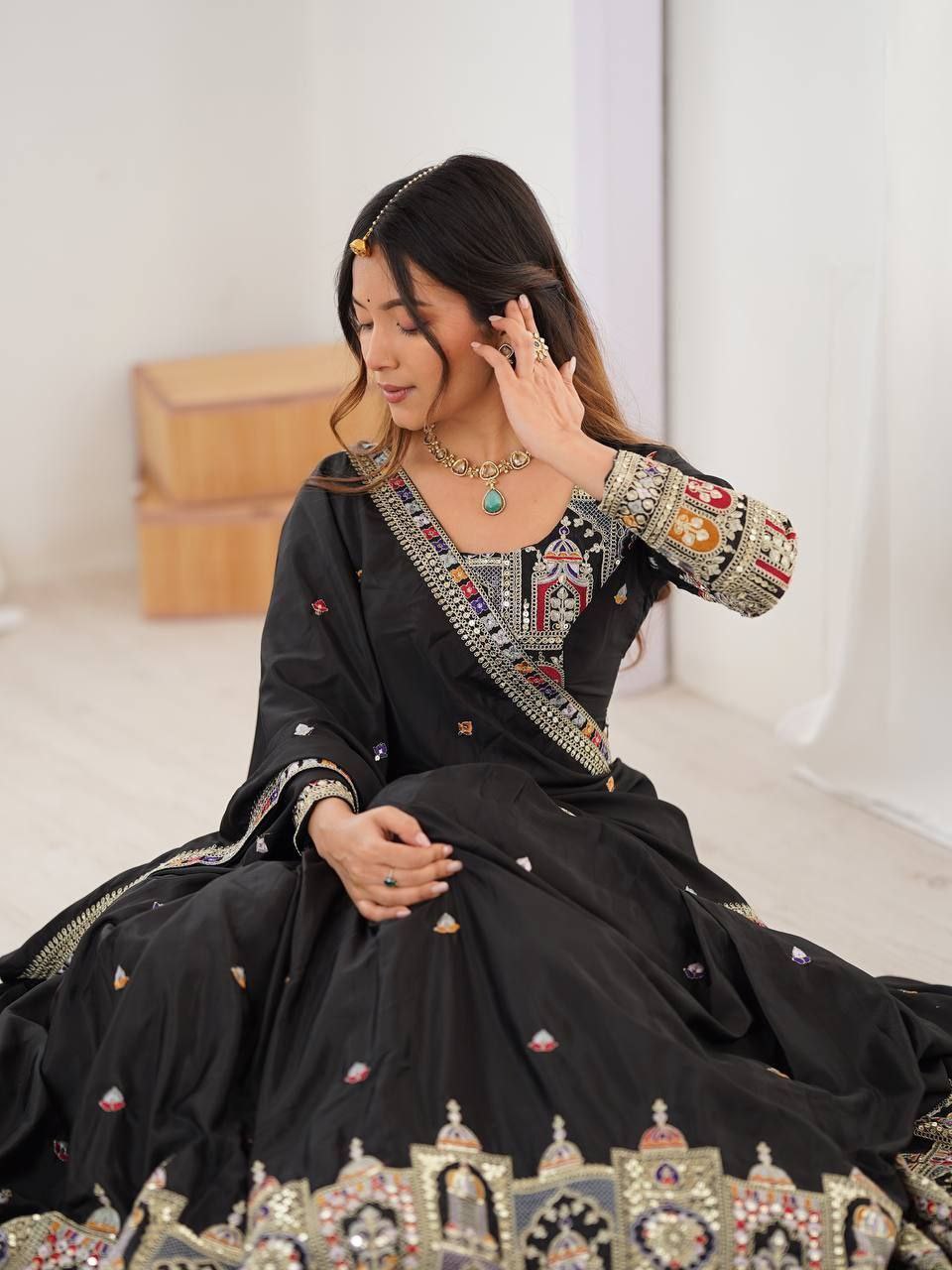 Black Elegant French Crepe Semi-Stitched Lehenga with Multi-Thread & Sequins Embroidery, Unstitched Choli, and Matching Embroidered Dupatta ClothsVilla