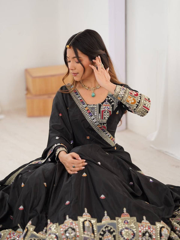 Black Elegant French Crepe Semi-Stitched Lehenga with Multi-Thread & Sequins Embroidery, Unstitched Choli, and Matching Embroidered Dupatta ClothsVilla