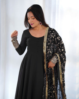 Black Elegant Georgette Anarkali Gown Set – Festive & Wedding Ready