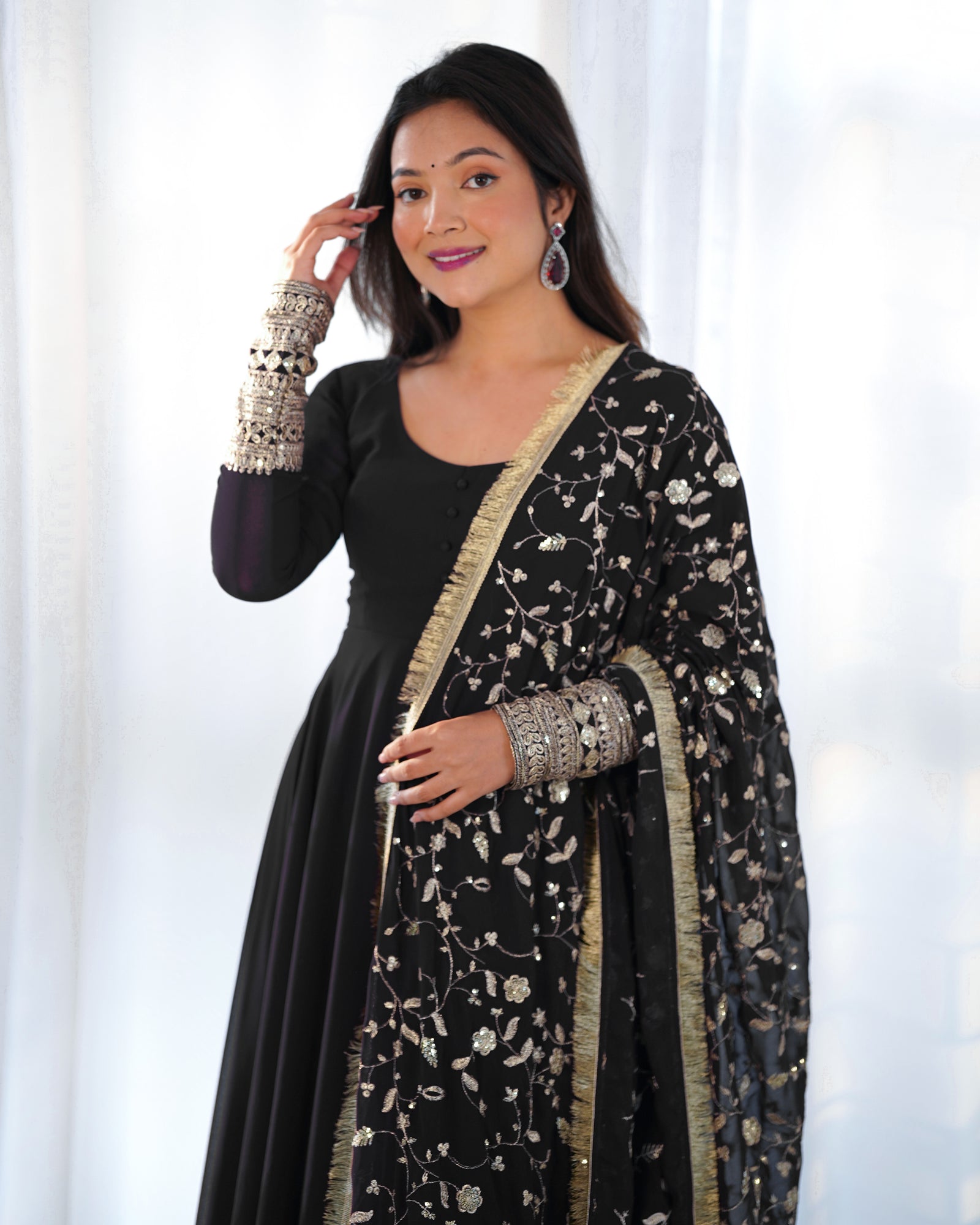 Black Elegant Georgette Anarkali Gown Set – Festive & Wedding Ready