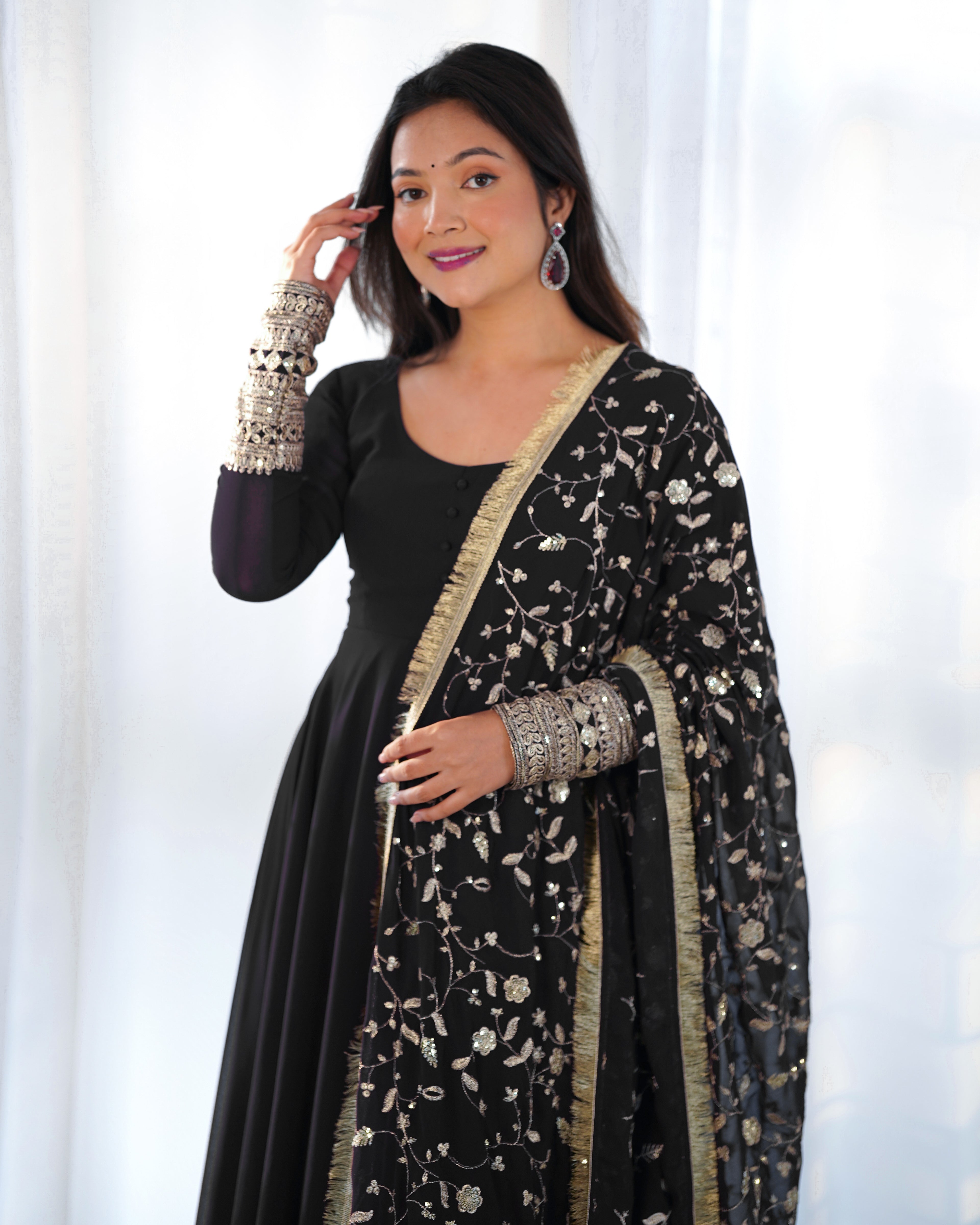 Black Elegant Georgette Anarkali Gown Set – Festive & Wedding Ready