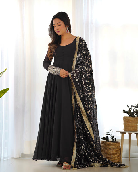 Black Elegant Georgette Anarkali Gown Set – Festive & Wedding Ready Main image