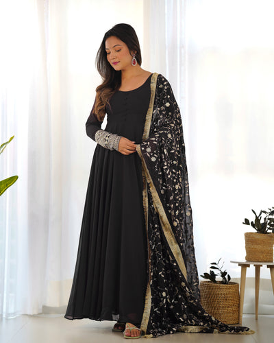 Black Elegant Georgette Anarkali Gown Set – Festive & Wedding Ready