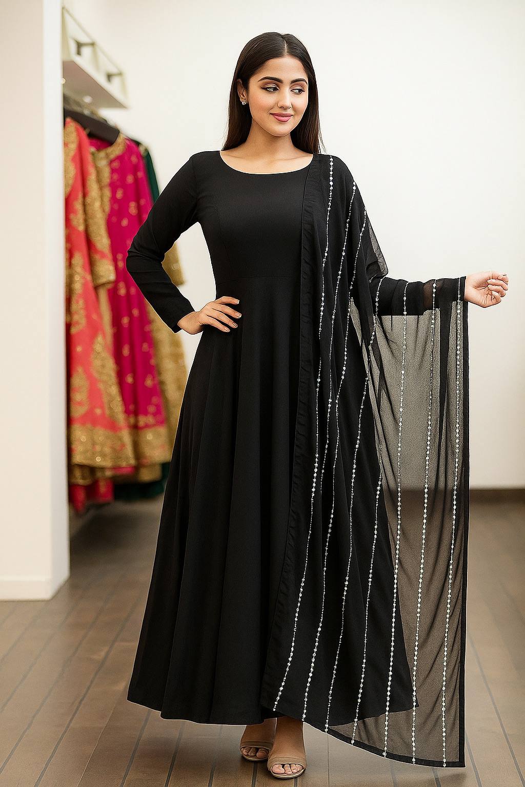 Black Elegant Georgette Gown with Grand Flair & Sequin Work Dupatta – Fully Stitched Secondary image