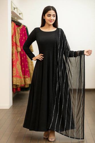 Black Elegant Georgette Gown with Grand Flair & Sequin Work Dupatta – Fully Stitched ClothsVilla