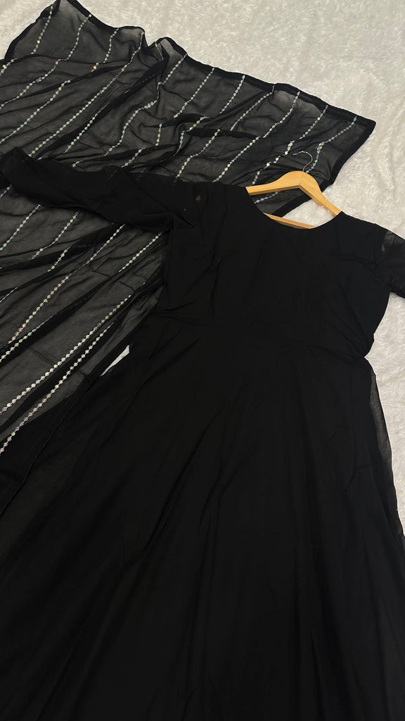 Black Elegant Georgette Gown with Grand Flair & Sequin Work Dupatta – Fully Stitched ClothsVilla