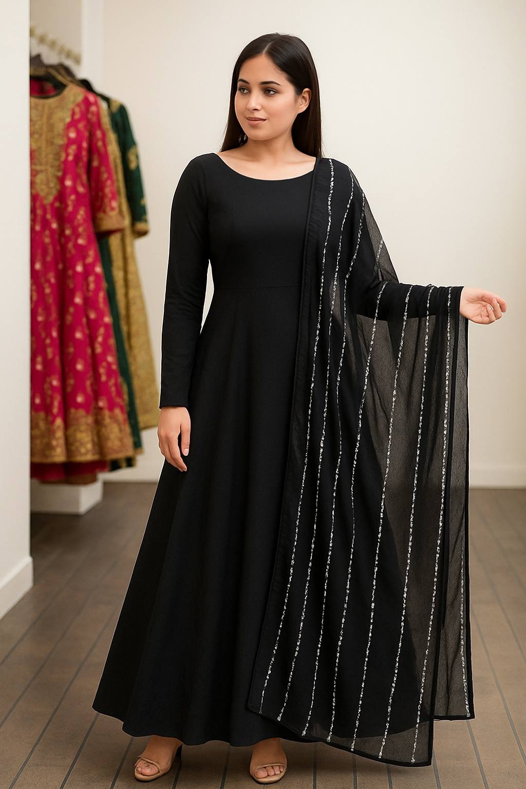 Black Elegant Georgette Gown with Grand Flair & Sequin Work Dupatta – Fully Stitched ClothsVilla