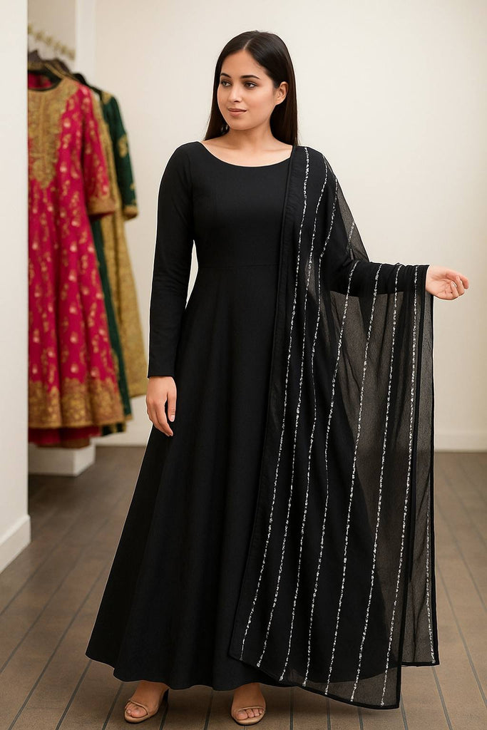 Black Elegant Georgette Gown with Grand Flair & Sequin Work Dupatta – Fully Stitched ClothsVilla