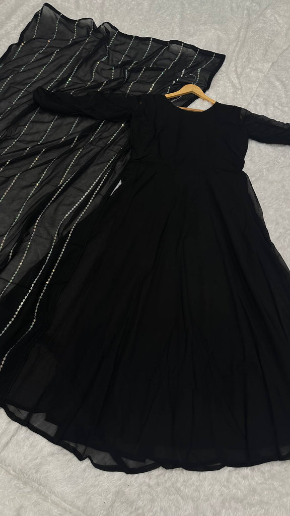 Black Elegant Georgette Gown with Grand Flair & Sequin Work Dupatta – Fully Stitched ClothsVilla