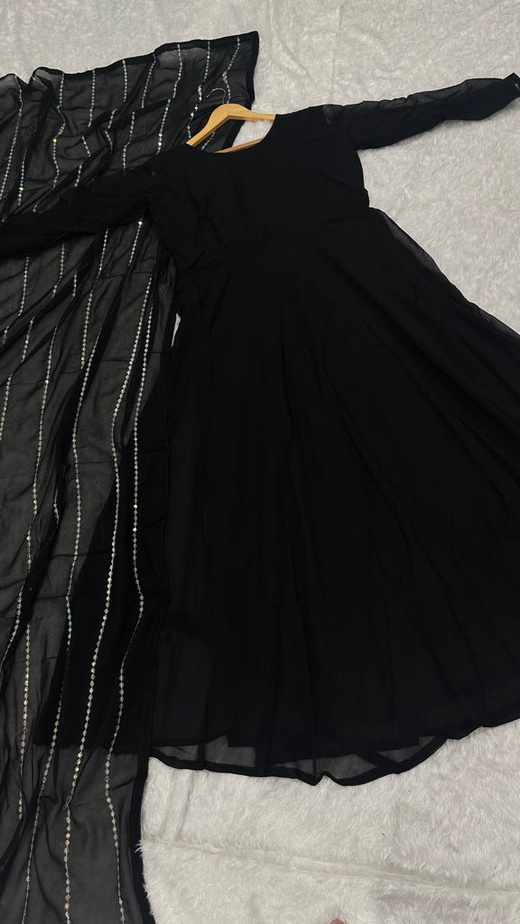 Black Elegant Georgette Gown with Grand Flair & Sequin Work Dupatta – Fully Stitched ClothsVilla