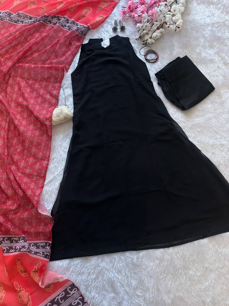 Black Elegant Georgette Kurta Set with Digital Print Dupatta Casual Wear ClothsVilla