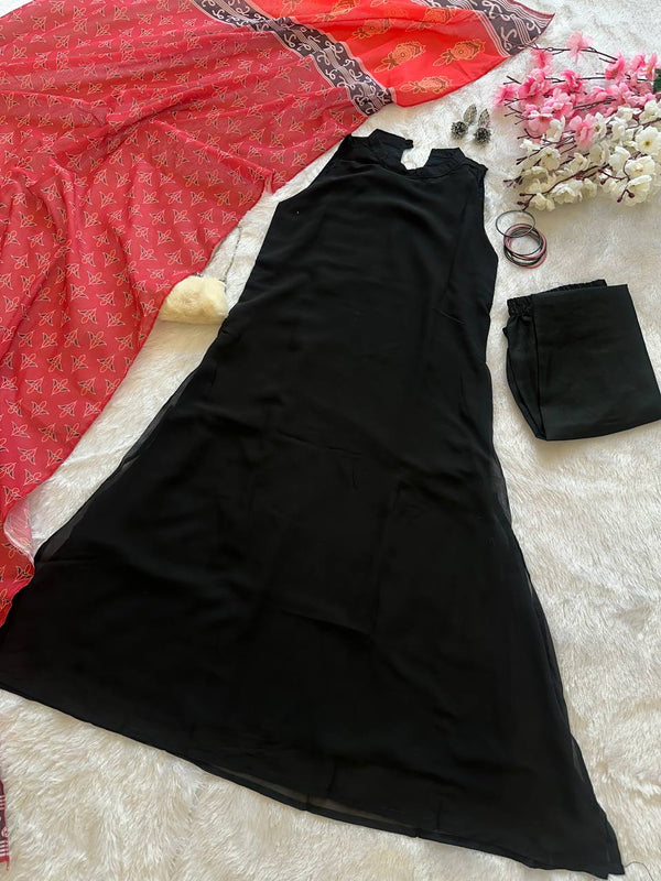 Black Elegant Georgette Kurta Set with Digital Print Dupatta Casual Wear ClothsVilla