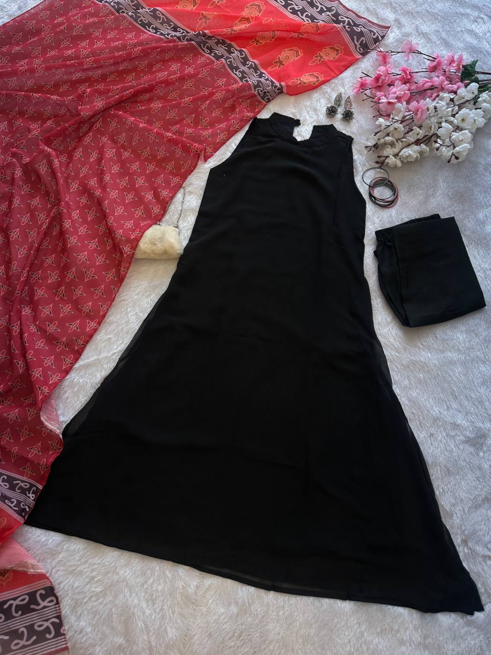 Black Elegant Georgette Kurta Set with Digital Print Dupatta Casual Wear ClothsVilla