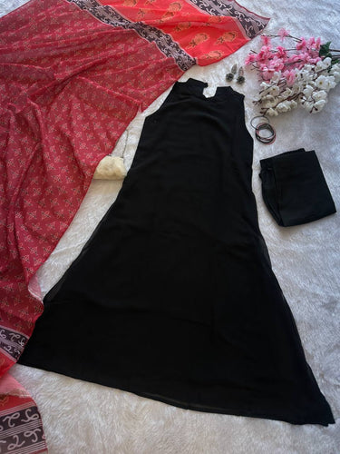Black Elegant Georgette Kurta Set with Digital Print Dupatta Casual Wear ClothsVilla