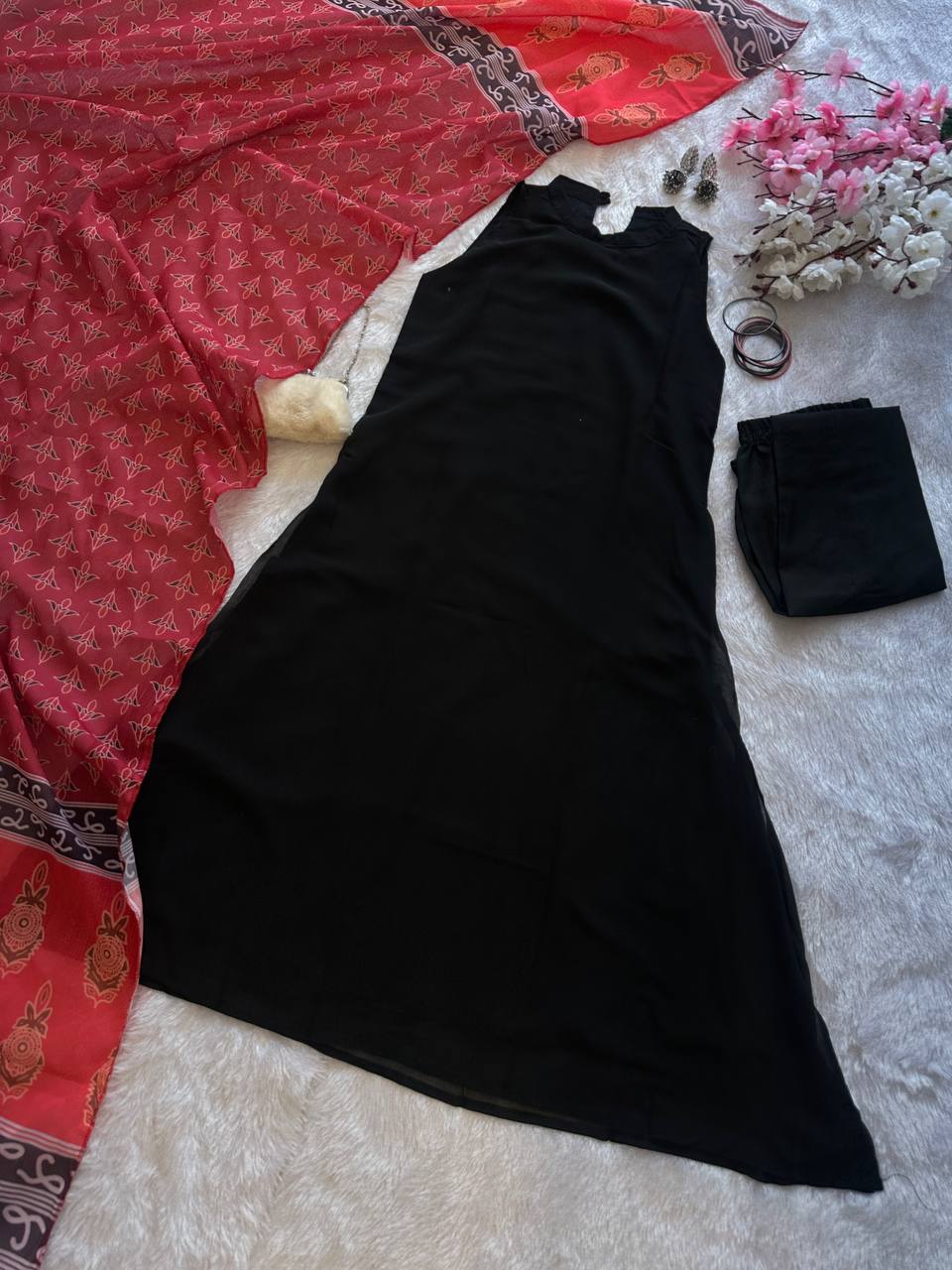 Black Elegant Georgette Kurta Set with Digital Print Dupatta Casual Wear ClothsVilla