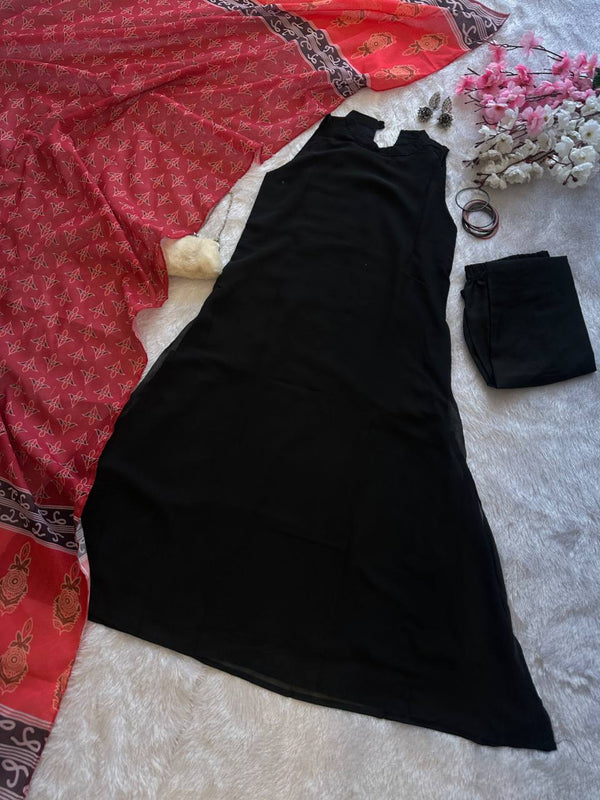 Black Elegant Georgette Kurta Set with Digital Print Dupatta Casual Wear ClothsVilla