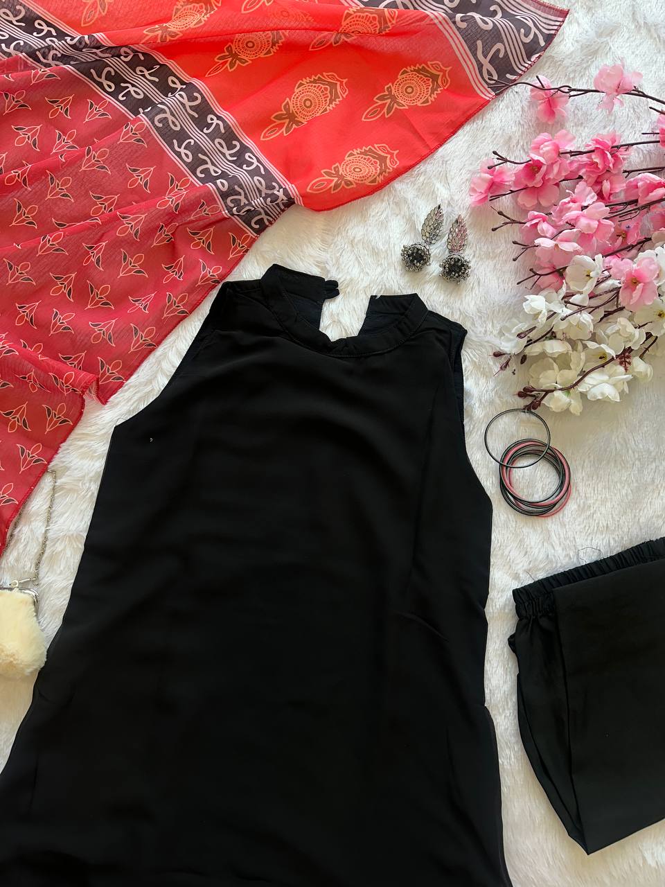 Black Elegant Georgette Kurta Set with Digital Print Dupatta Casual Wear ClothsVilla