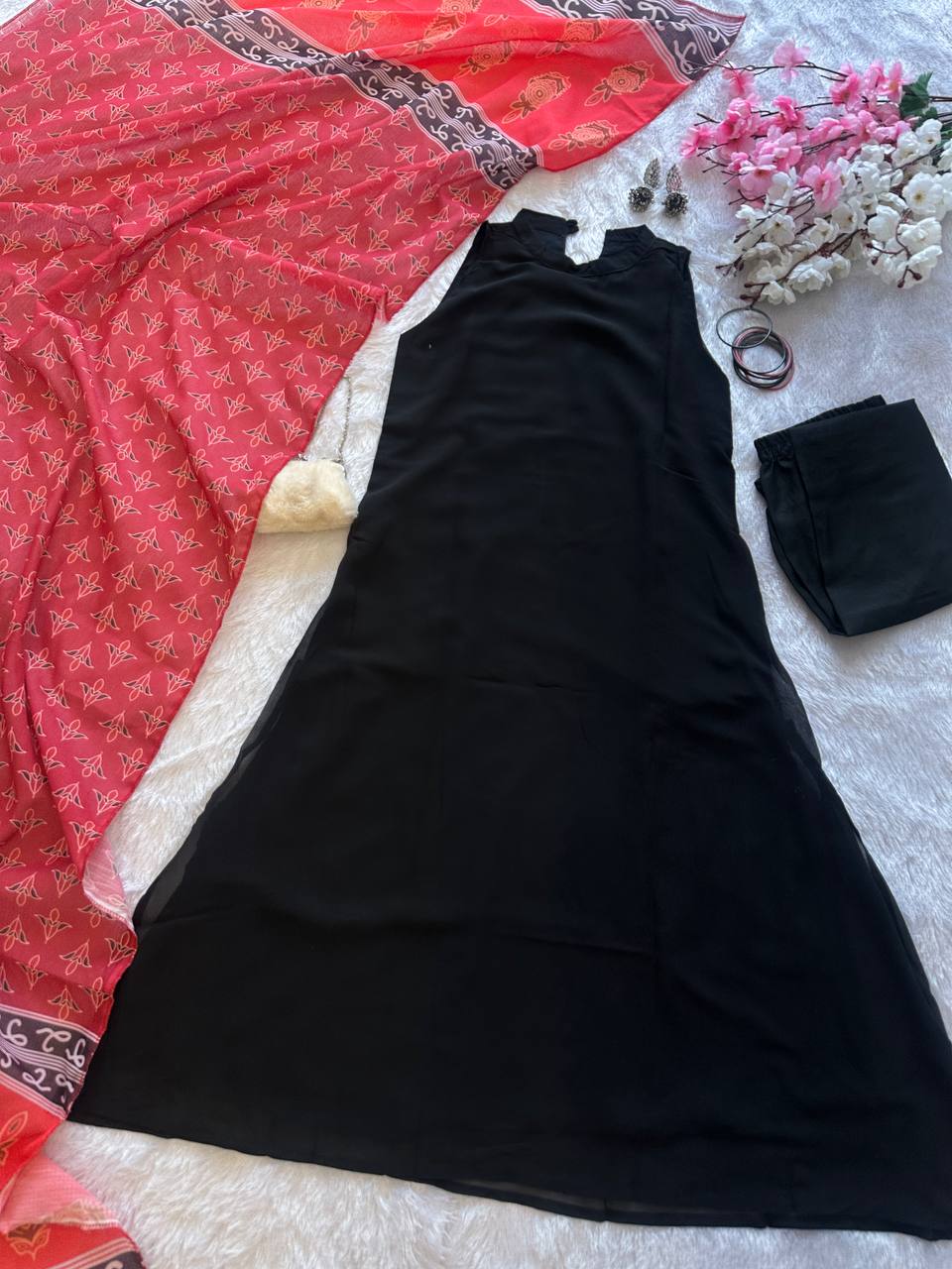 Black Elegant Georgette Kurta Set with Digital Print Dupatta Casual Wear ClothsVilla
