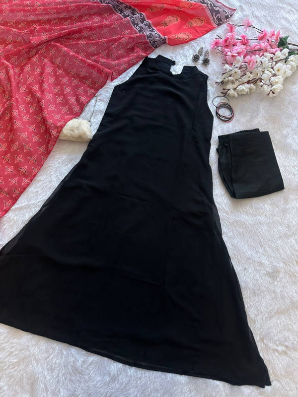 Black Elegant Georgette Kurta Set with Digital Print Dupatta Casual Wear ClothsVilla
