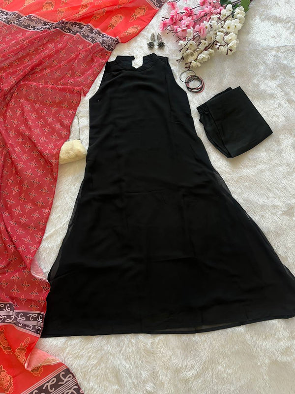 Black Elegant Georgette Kurta Set with Digital Print Dupatta Casual Wear ClothsVilla