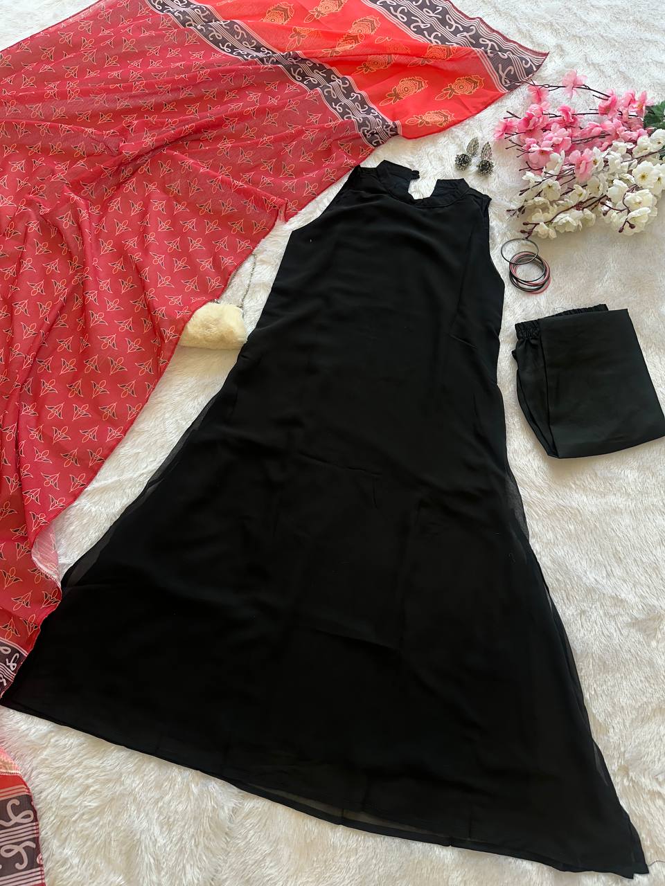 Black Elegant Georgette Kurta Set with Digital Print Dupatta Casual Wear ClothsVilla