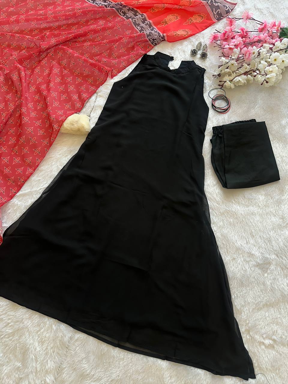 Black Elegant Georgette Kurta Set with Digital Print Dupatta Casual Wear ClothsVilla