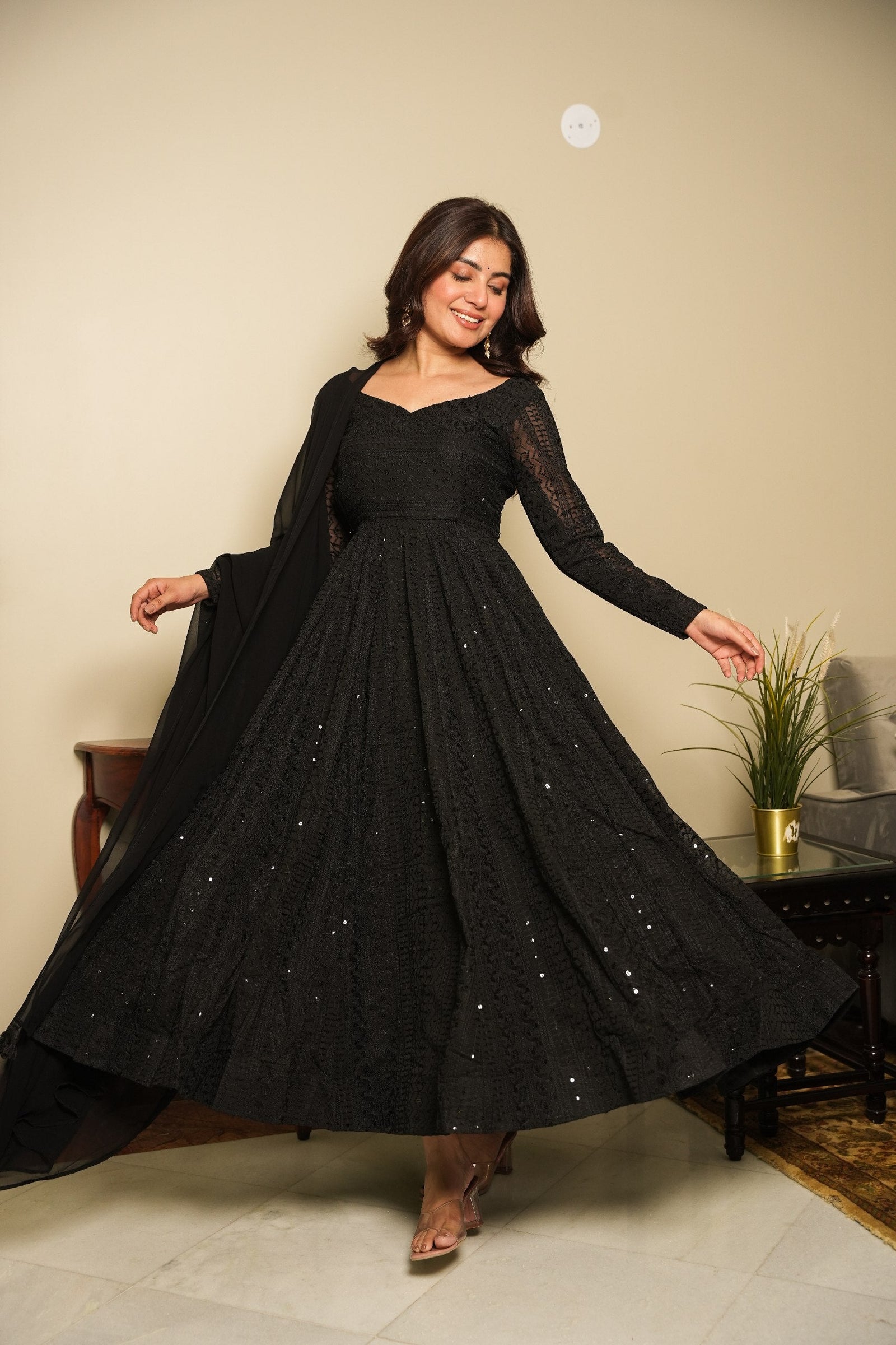Black Elegant Georgette Printed Suit Set with Tassel Dupatta – Flowy & Chic Clothsvilla