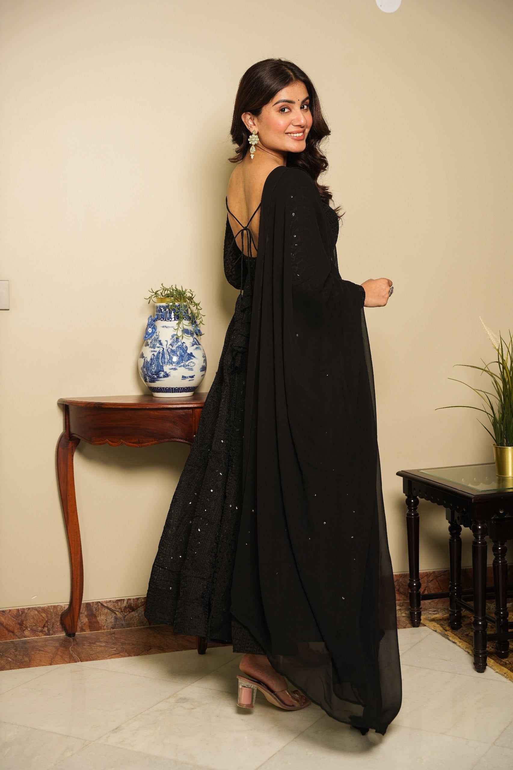 Black Elegant Georgette Printed Suit Set with Tassel Dupatta – Flowy & Chic Clothsvilla