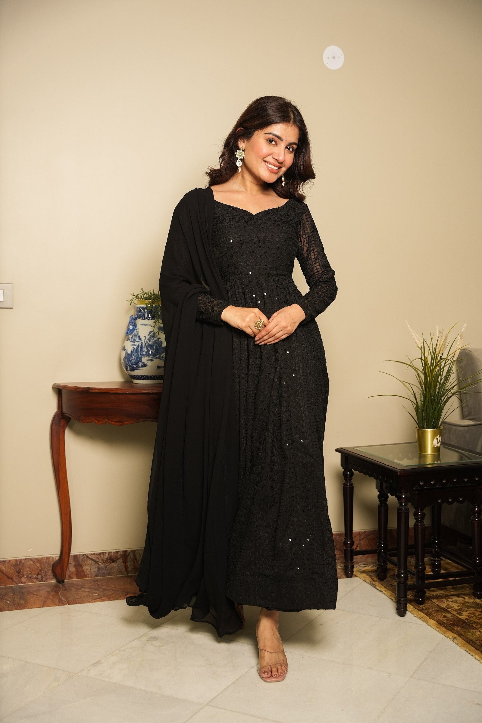 Black Elegant Georgette Printed Suit Set with Tassel Dupatta – Flowy & Chic Clothsvilla