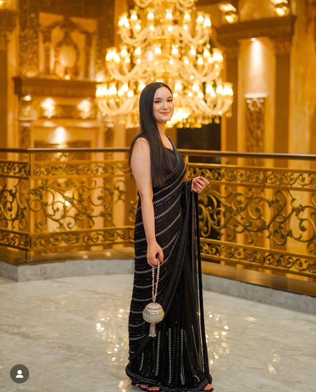 Black Elegant Georgette Saree with Sequin & Zari Work – Slay in Style Secondary image
