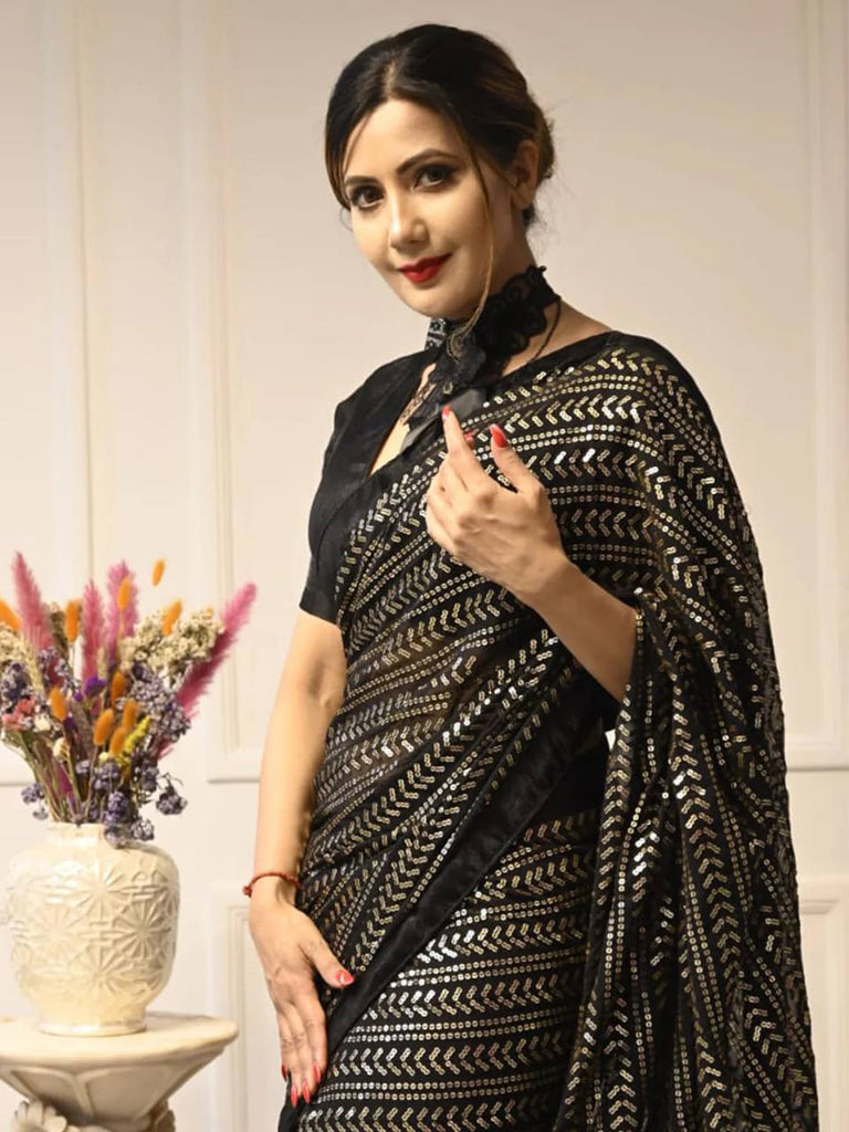 Black Elegant Georgette Sequin Work Saree with Banglori Satin Blouse ClothsVilla