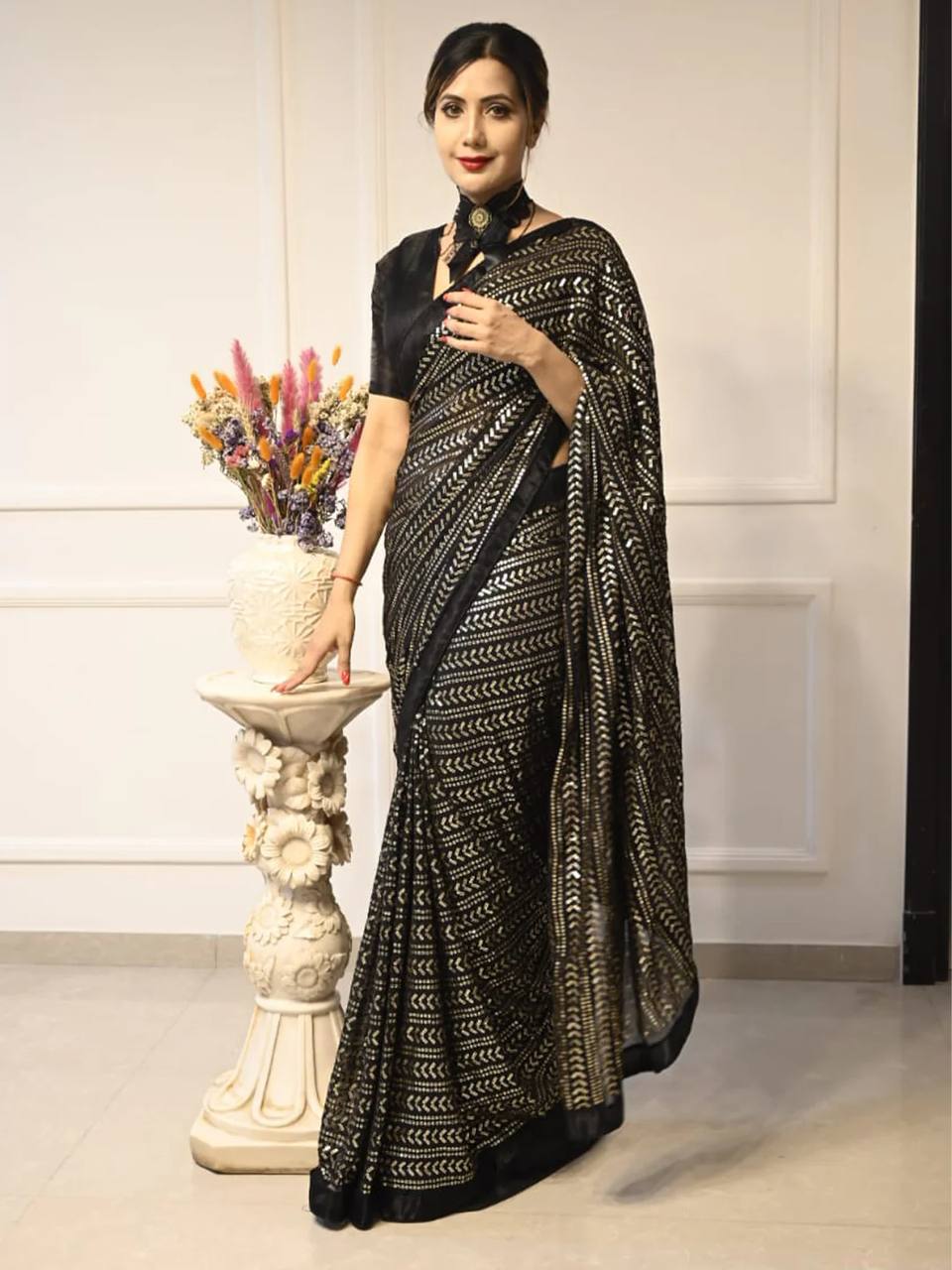 Black Elegant Georgette Sequin Work Saree with Banglori Satin Blouse ClothsVilla Main image