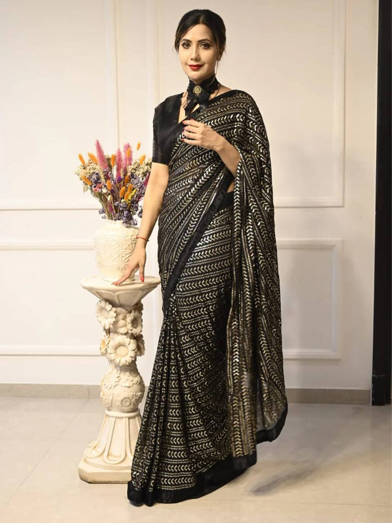Black Elegant Georgette Sequin Work Saree with Banglori Satin Blouse ClothsVilla