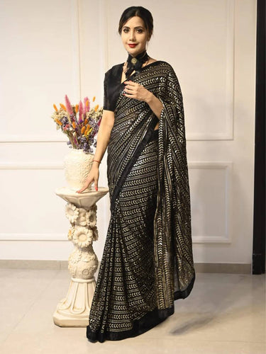Black Elegant Georgette Sequin Work Saree with Banglori Satin Blouse ClothsVilla