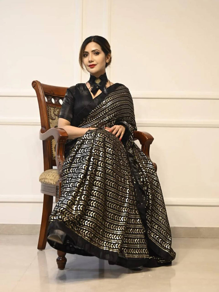 Black Elegant Georgette Sequin Work Saree with Banglori Satin Blouse ClothsVilla