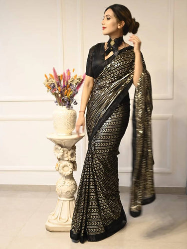 Black Elegant Georgette Sequin Work Saree with Banglori Satin Blouse ClothsVilla