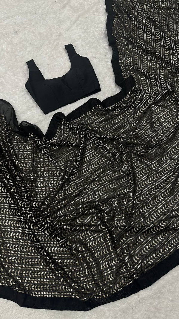 Black Elegant Georgette Sequin Work Saree with Banglori Satin Blouse ClothsVilla