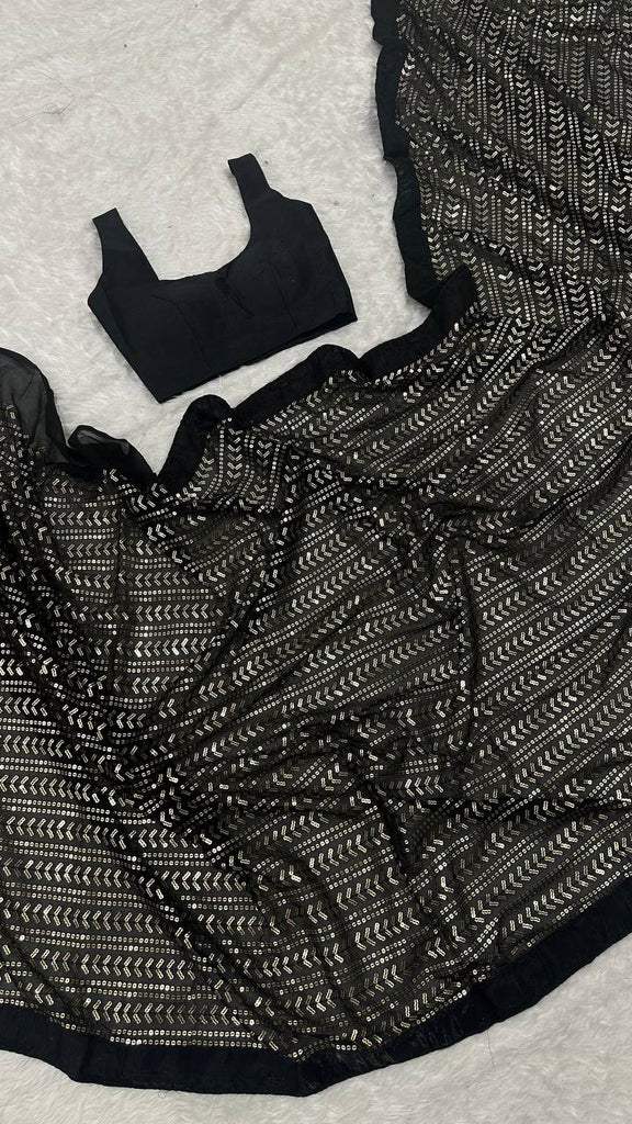 Black Elegant Georgette Sequin Work Saree with Banglori Satin Blouse ClothsVilla